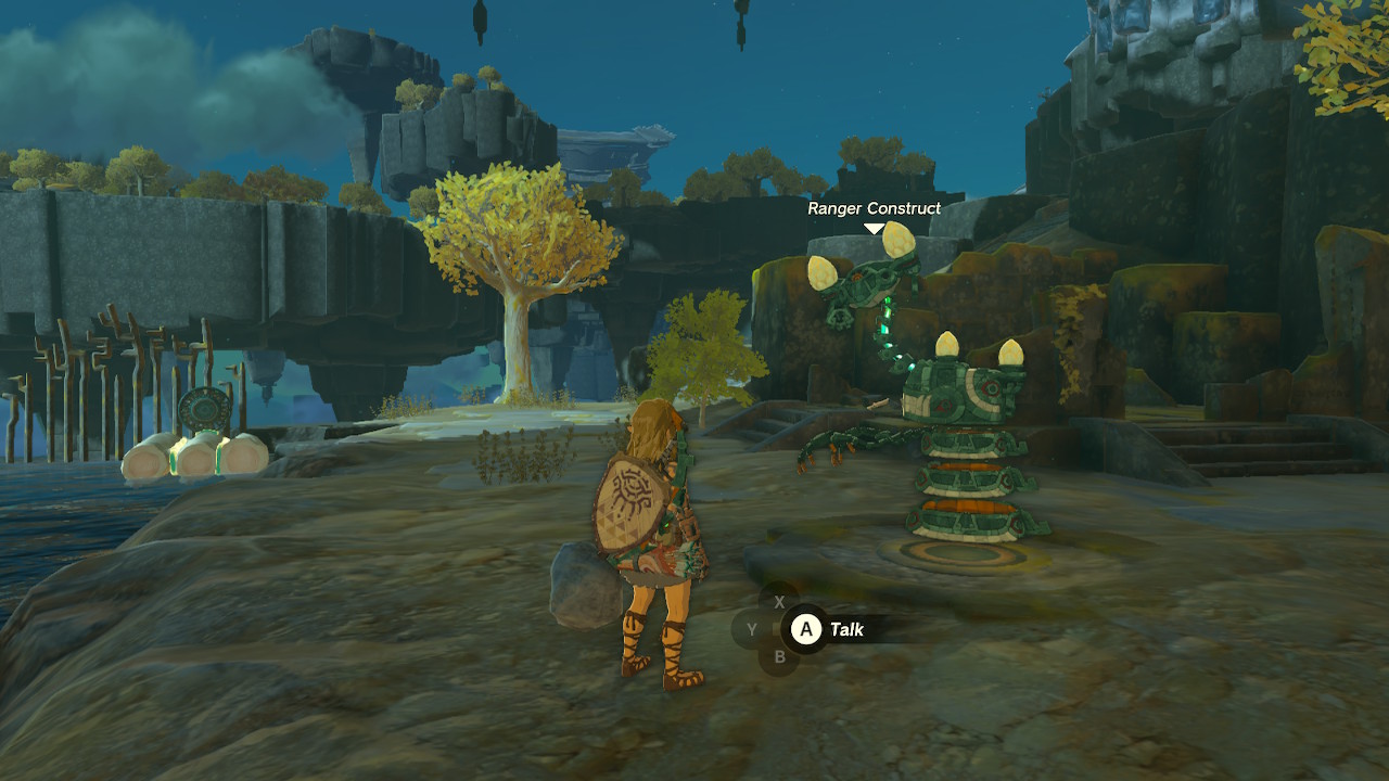 Link approaches to talk with the Ranger Construct, a strange looking being with metallic body, thin arms, and a head on an extended stalk.
