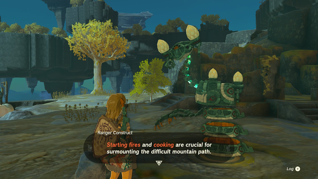 Ranger Construct tells Link that 'Starting fires and cooking are crucial for surmounting the difficult mountain path.'